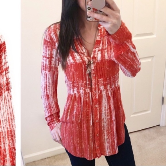 Anthro Red-Orange Abstract Print Pin-tuck Babydoll Peasant Blouse Top - Picture 4 of 11